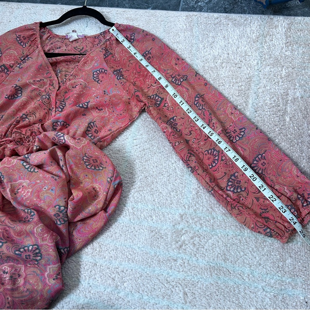 Boemo Long Sleeve Coral Blue Paisley Tiered Maxi Dress Size Small Bohemian - Picture 10 of 12